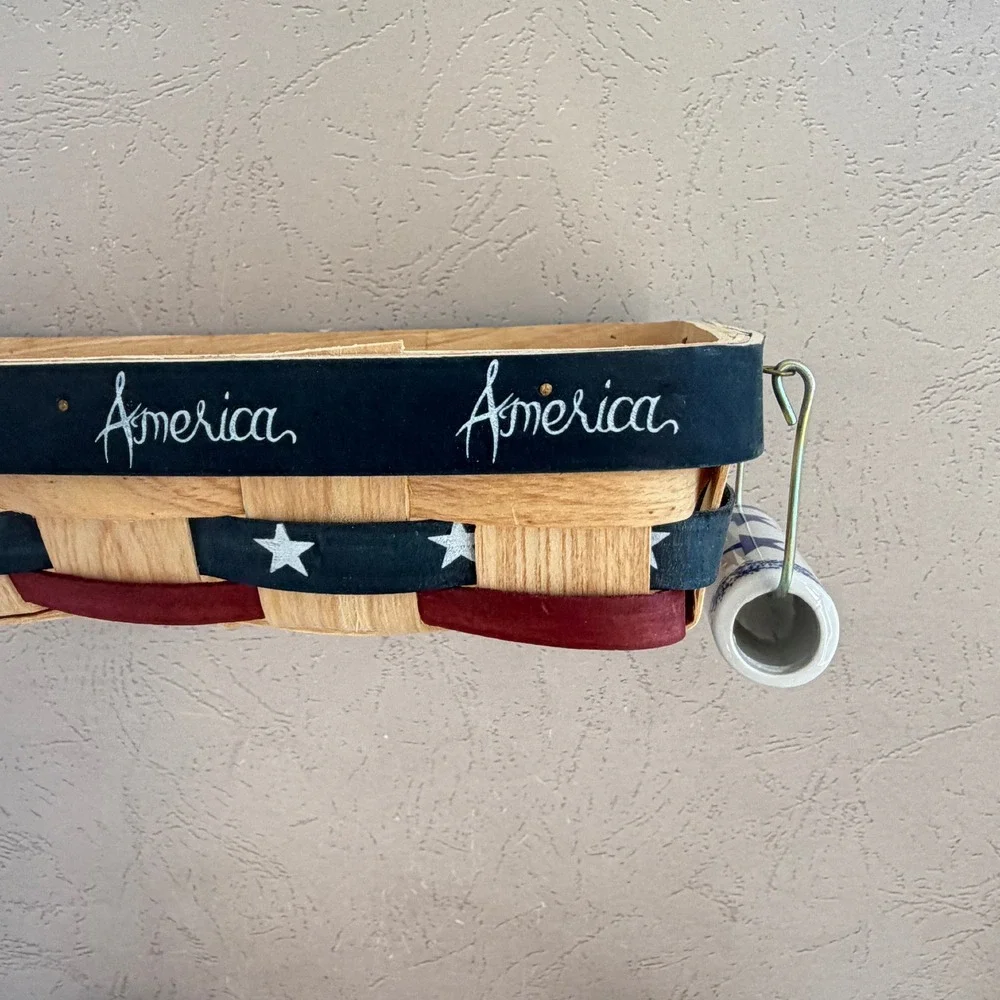 Set of 2 Patriotic Americana Woven Wood Baskets with Star Ceramic Handles